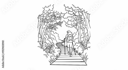 A solitary hiker ventures down a scenic path, surrounded by lush foliage and trees