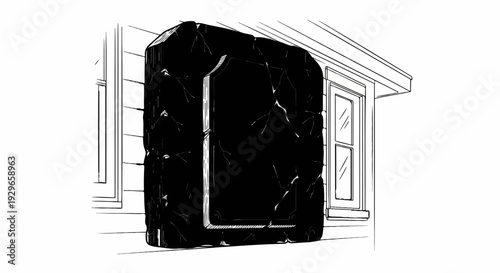 A dark, cracked stone monument stands beside a house with a window