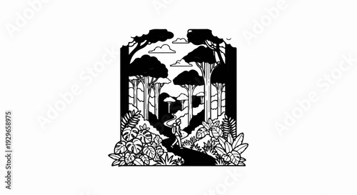 A lone hiker walks a winding path through a lush, stylized jungle scene