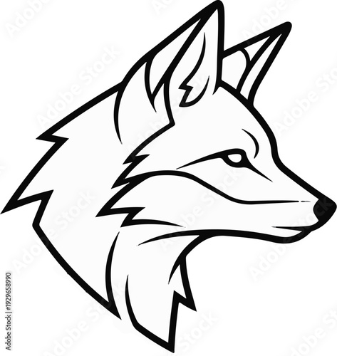 Fierce fox head profile, stylized black and white line art