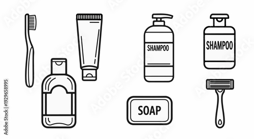 A collection of line art icons depicting personal hygiene and grooming products