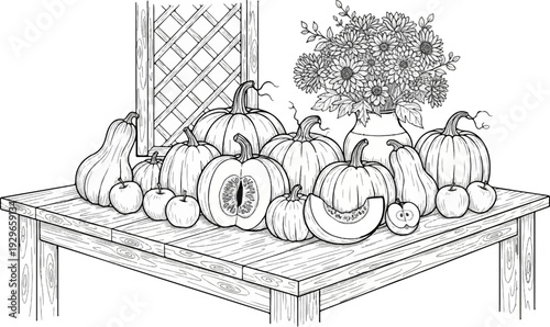 Still life drawing of assorted pumpkins, gourds, fruit, and flowers on a wooden table