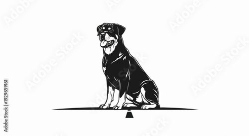 A black and white graphic illustration of a Rottweiler dog sitting