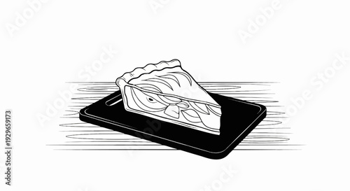 A slice of pie with a flaky crust sits on a dark cutting board