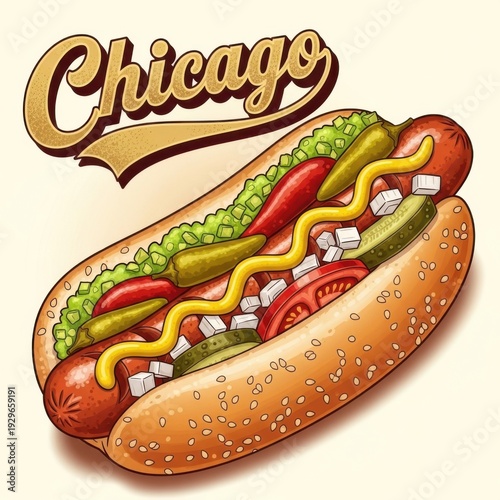 Chicago style hot dog with condiments on a sesame seed bun