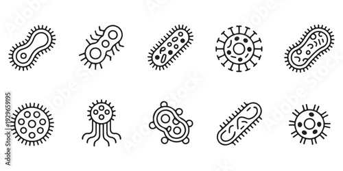 Set of diverse line art icons depicting various bacteria and viruses for medical and scientific use