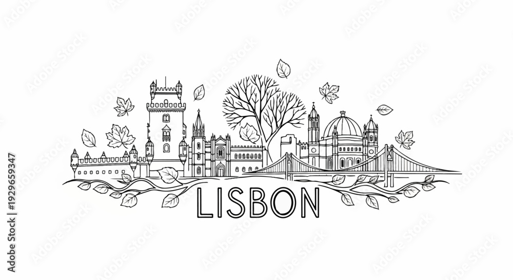 Obraz premium Iconic Lisbon skyline with a deciduous tree and falling leaves, rendered in line art