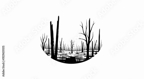 Silhouette of burnt trees and grass in a desolate landscape within a circle