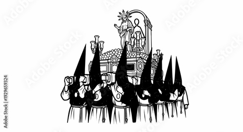 Procession with figures in hooded robes carrying a religious float