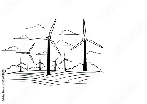 A line drawing of a wind farm with turbines on rolling hills under a cloudy sky