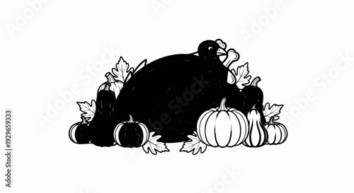 A roasted bird is surrounded by pumpkins and fall leaves, with a bone sticking out
