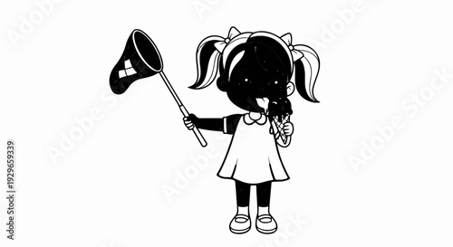 Cartoon child with pigtails holds net and eats dripping ice cream cone