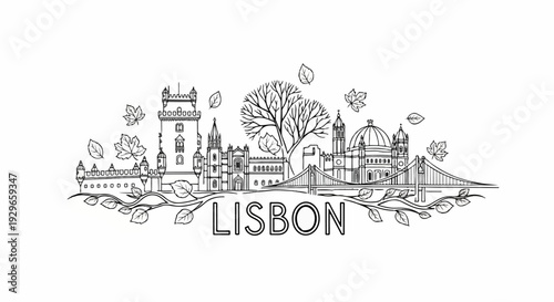 Iconic Lisbon skyline with a deciduous tree and falling leaves, rendered in line art