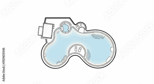 Overhead architectural plan of an organically shaped swimming pool with a spa and lounge chairs