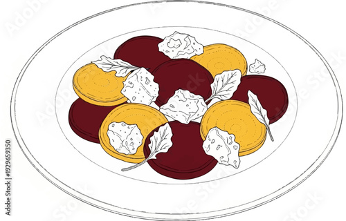 Sliced beet salad with crumbled cheese and greens arranged on a white plate