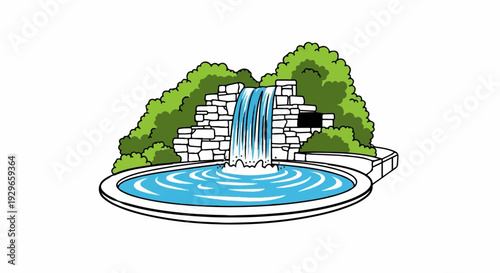 Stylized waterfall cascading into a circular pool, framed by stone and lush greenery
