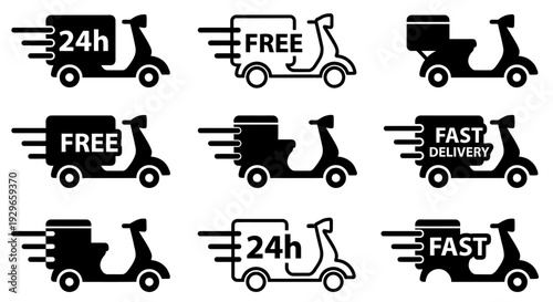 Express Delivery Scooter Icon Set – 24h, Free, Fast Shipping and Courier Service Symbols