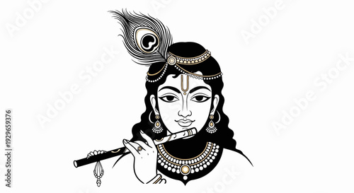 Young divine figure with a peacock feather adorns head, plays flute