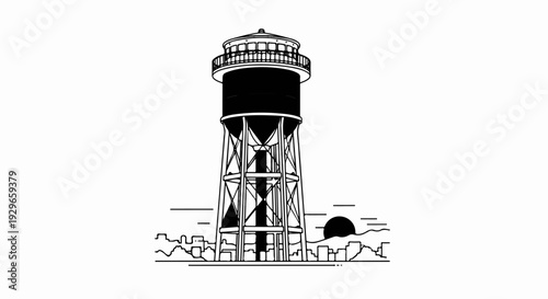 Tall industrial water tower stands against a silhouetted city and setting sun