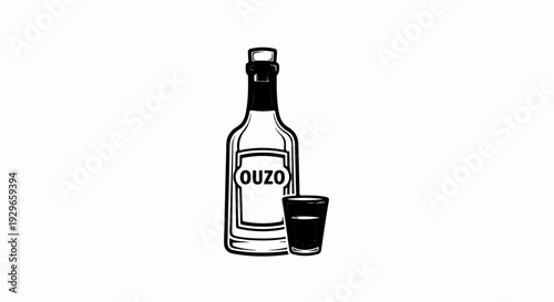 A black and white illustration of an ouzo bottle and a shot glass