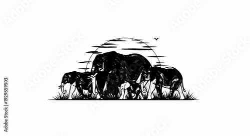 Silhouette of a family of elephants with a stylized sun and bird in the background