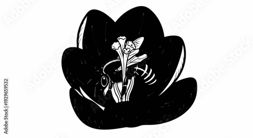 Stylized black and white illustration of a bee collecting nectar from a dark flower with thin white accents