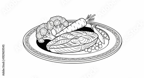A black and white illustration of a round plate of food featuring a fish steak, broccoli, carrot, and peas