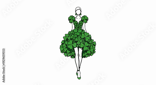 Elegant fashion illustration of a woman in a voluminous green clover-adorned dress