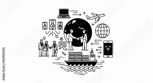 Global business connections and logistics visualized with icons