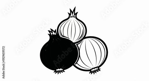 Black and white illustration of three onions, one solid black, two outlined