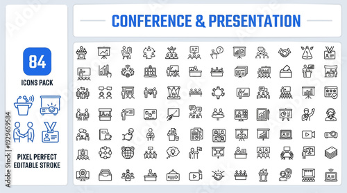 Conference and Business Presentation Outline Vector Icon Set — Webinar, Public Speaking and Meeting Editable Stroke Icons for Web and App UI