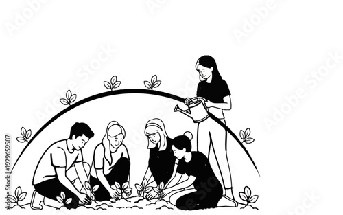 Group of people planting and watering young plants in a garden