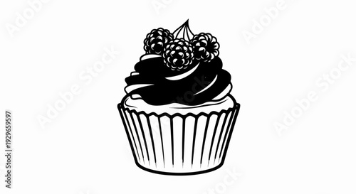 Black and white illustration of a frosted cupcake topped with raspberries