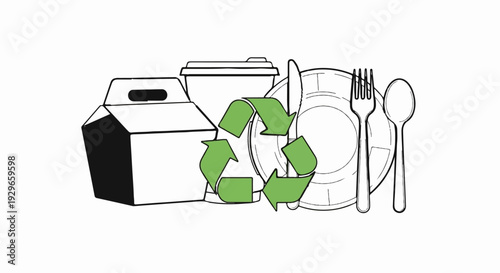 Takeaway container, cup, plate, fork, spoon, and recycling symbol