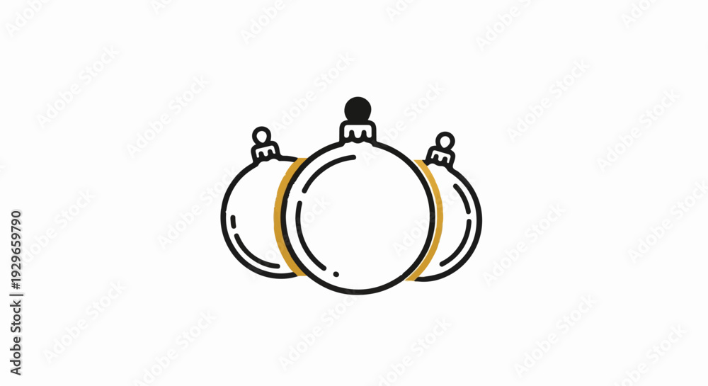 Fototapeta premium Simple illustration of three outline Christmas ornaments with gold accents