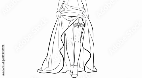Detailed line drawing of a person's legs wearing a long dress and a garter