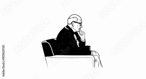 Elderly man in suit, profile view, contemplating deeply while seated in a chair