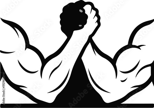 A black and white graphic of two muscular arms locked in a test of strength