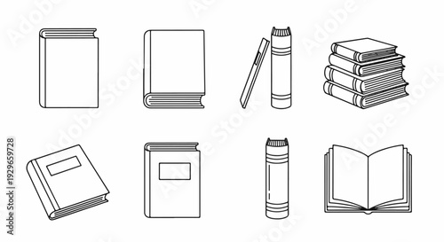 Line art illustrations of eight different book arrangements and styles