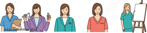Women professionals set including nurse, scientist, doctor, medical staff and teacher, diverse female careers cartoon vector illustration isolated