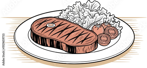 Grilled steak with lettuce and sliced tomatoes on a plate