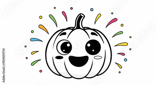 A cheerful cartoon pumpkin with big eyes and a wide smile, surrounded by colorful bursts