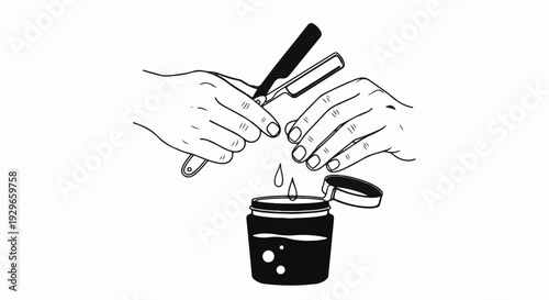 Hands preparing a straight razor by dipping it in a jar of liquid