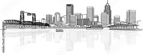 Line art sketch of a cityscape with a bridge, skyscrapers, and river with boats