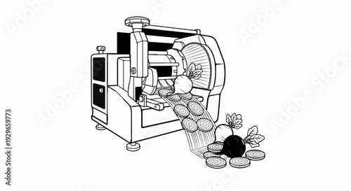 Machine slices root vegetables into uniform rings, creating food preparation