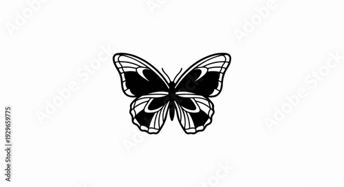Stylized black and white butterfly illustration with intricate wing patterns