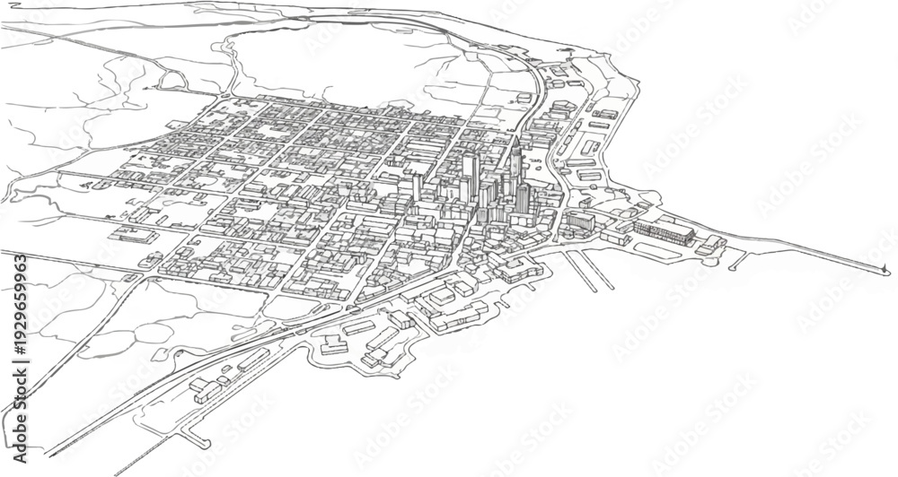 Fototapeta premium Detailed aerial sketch of a dense city with a harbor and surrounding natural landscape