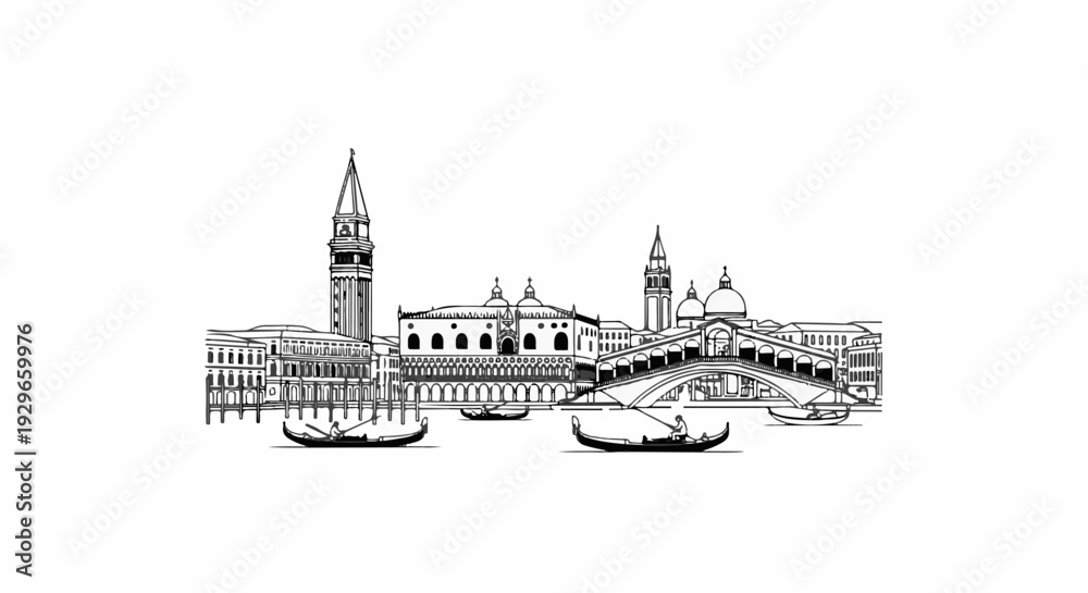 Obraz premium Black and white sketch of Venice skyline with gondolas and iconic bridge