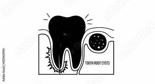 Diagram illustrating inflamed tooth pulp, root, and associated cysts