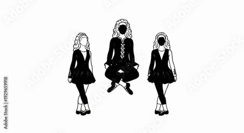 Three stylized figures in black dresses and leggings performing a dance on a white background